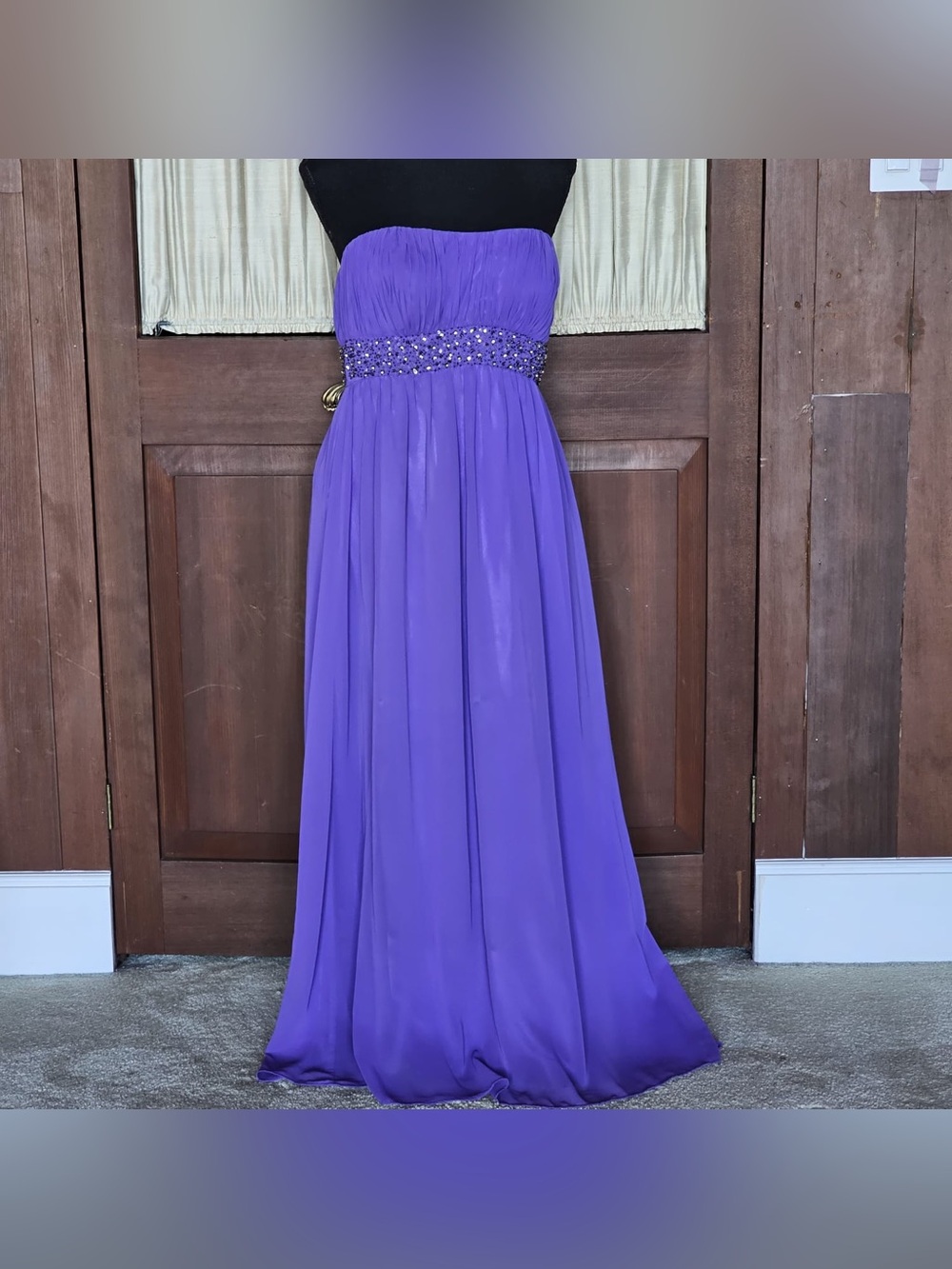 JS Boutique Purple Strapless Evening Dress with Beaded Trim
